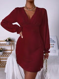 Solid Split Mini Dress, Casual V Neck Long Sleeve Bodycon Dress, Women's Clothing