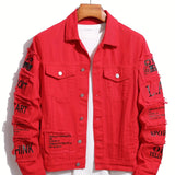kkboxly  Letter Print Denim Jacket, Men's Casual Chic Lapel Chest Pocket Jacket