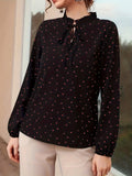 kkboxlyConfetti Heart Print Blouse, Elegant Tie Front Long Sleeve Blouse, Women's Clothing