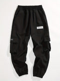 Kid's Trendy Patched Cargo Pants, Elastic Waist Trousers With Pockets, Boy's Clothes For All Seasons