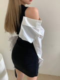 kkboxly  Color Block Cold Shoulder Dress, Stylish Cuff Sleeve Crew Neck Mini Dress, Women's Clothing
