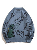 kkboxly  Cute Cartoon Dinosaur Pattern Knitted Sweater, Men's Casual Warm Slightly Stretch Round Neck Pullover Sweater For Fall Winter