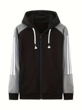 kkboxly  Men's Color Block Hoodie, Casual Slightly Stretch Breathable Zip Up Long Sleeve Coat For Outdoor