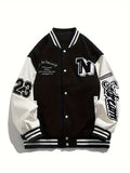 kkboxly Loose Fit Varsity Jacket, Men's Casual Color Block Button Up Jacket For Spring Fall School Baseball