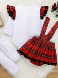My First Christmas Baby Girl Outfits, Newborn Cartoon Deer & Letter Print Long Sleeve Ruffle Romper + Plaid Suspender Skirt + Leg Warmer 3pcs For 0-18 Months Babies, Outdoor Cloth