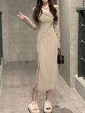 kkboxly  Button Front Skew Neck Split Dress, Casual Long Sleeve Knit A-line Dress For Spring & Fall, Women's Clothing