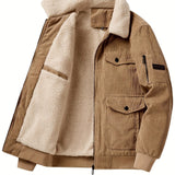 kkboxly Men's Trendy Corduroy Jacket, Casual Lapel Zip Up Warm Fleece Coat For Outdoor Fall Winter