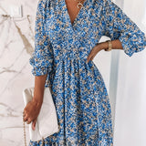 Kkboxly  Women's Dresses Puff Sleeve Floral Print Ruched Waist V-Neck Boho Dresses