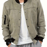 Flannel Varsity Bomber Jacket, Men's Casual Baseball Jacket Coat Regular Fit College Hipster Windbreaker For Spring Autumn