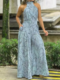 kkboxly  Elegant Waist Halter Jumpsuit, Casual Print Tie Sleeveless Waist Summer Wide Leg Long Pant Jumpsuit, Women's Clothing