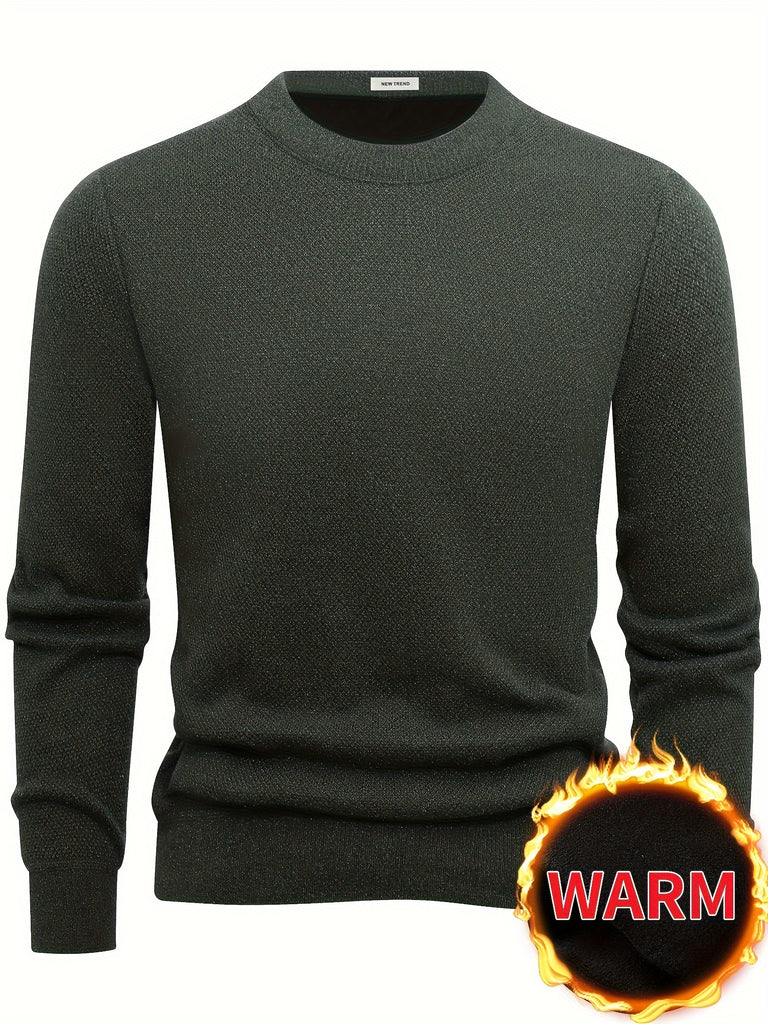Men's Stylish Solid Fleece Knitted Pullover, Casual Breathable Long Sleeve Crew Neck Warm Sweater For Winter Outdoor