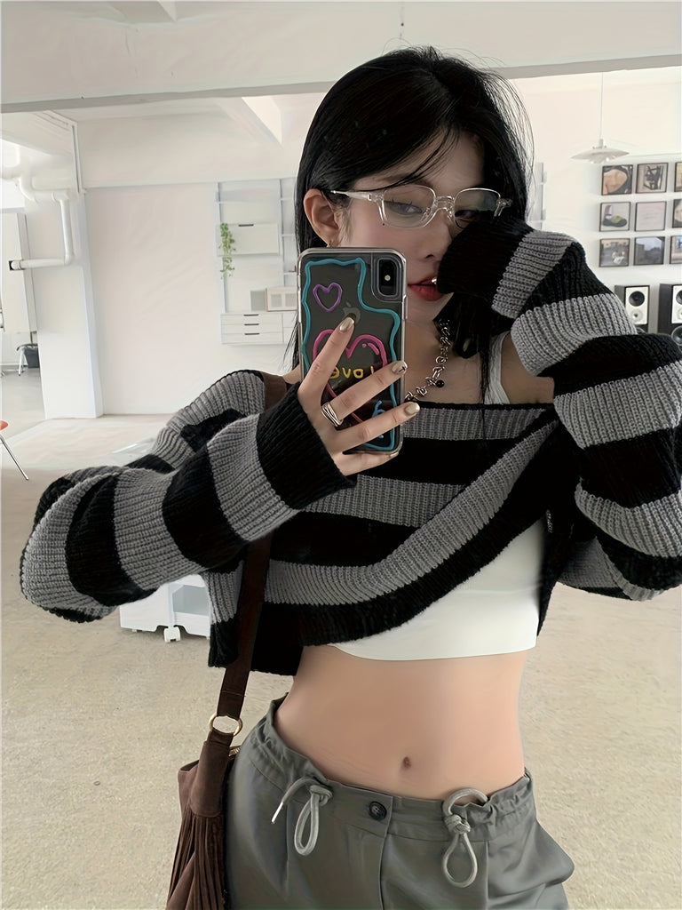 Striped Off Shoulder Knitted Top, Casual Long Sleeve Crop Sweater For ...