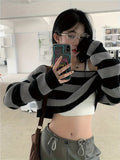 Striped Off Shoulder Knitted Top, Casual Long Sleeve Crop Sweater For Spring & Fall, Women's Clothing