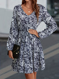 kkboxly  Plant Print Dress, Casual V Neck Long Sleeve Midi Dress For Spring & Summer, Women's Clothing