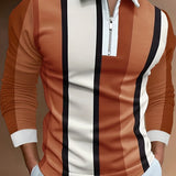 kkboxly  Men's Stripe Long Sleeve Zip Polo Shirt, Men's Clothing