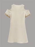 kkboxly  Contrast Lace Cold Shoulder Dress, Casual V Neck Short Sleeve Dress, Women's Clothing