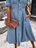 kkboxly  A-Line Flap Pockets Denim Dress, Rolled Sleeve Button Up V Neck Dress, Casual Lapel Denim Long Dress, Women's Denim Dress & Clothing