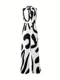 kkboxly  Abstract Print Button Front Jumpsuit, Casual Sleeveless Wide Leg Jumpsuit For Spring & Summer, Women's Clothing