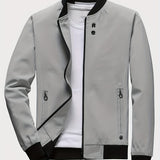 kkboxly  Classic Design Lightweight Jacket, Men's Casual All Match Crew Neck Zip Up Jacket Coat For Spring Fall Outdoor Activities