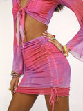kkboxly Tie Dye Sexy Two-piece Set, Knotted Flared Sleeve Tops & Ruched Drawstring Skirts Outfits, Women's Clothing