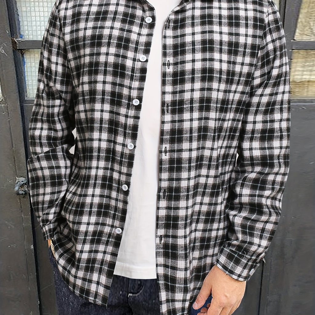 kkboxly  Plus Size Men's Plaid Shirt Oversized Long Sleeve Shirt For Fall Winter, Men's Clothing