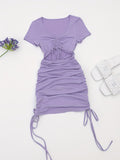 kkboxly  Kpop Drawstring Cut Out Bodycon Dress, Sexy Short Sleeve Ruched Dress For Summer, Women's Clothing
