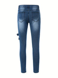 kkboxly  Zipper Decoration Slim Fit Ripped Biker Jeans, Men's Casual Street Style Distressed Slightly Stretch Denim Pants For Spring Summer