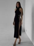 kkboxly  Criss Cross Solid Split Dress, Mock Neck Sleeveless Bodycon Dress, Women's Clothing