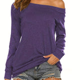 kkboxly  Solid Cold Shoulder T-shirt, Casual Long Sleeve T-Shirt For Spring & Fall, Women's Clothing