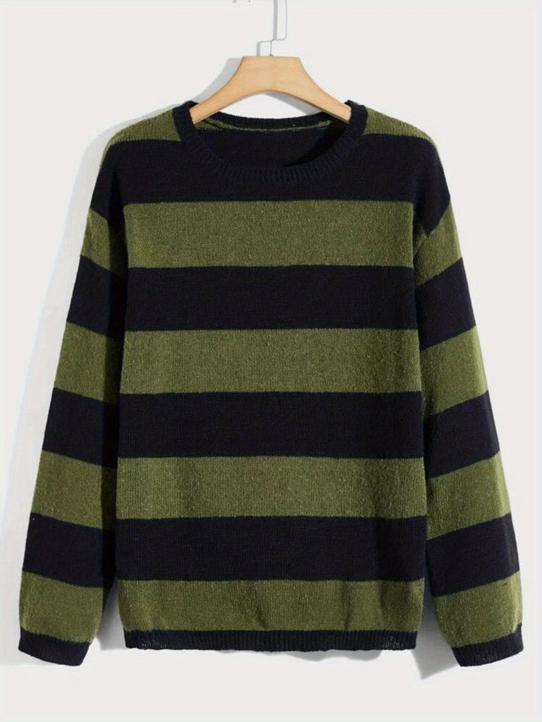 kkboxly  All Match Knitted Stripe Pattern Sweater, Men's Casual Warm Slightly Stretch Round Neck Pullover Sweater For Fall Winter