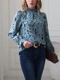 Leopard Print Shirred Trim Blouse, Casual Mock Neck Long Sleeve Blouse For Spring & Summer, Women's Clothing