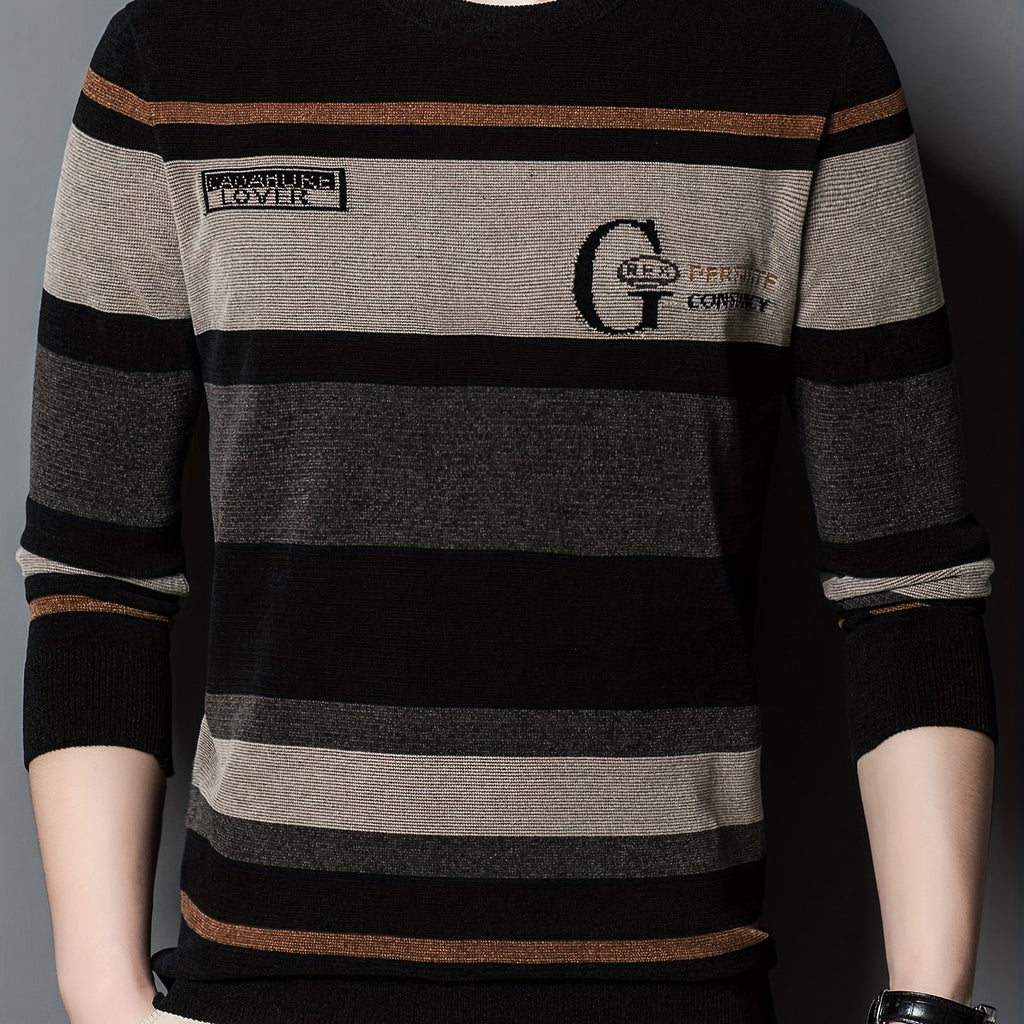 All Match Knitted Color Block Sweater, Men's Casual Warm High Stretch Crew Neck Pullover Sweater For Men Fall Winter