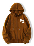 xieyinshe  Fashion Letter Print Long Sleeve Fleece Hooded Sweatshirts, Zip Up Drawstring Sports Hoodie Jacket With Front Pocket, Women's Sporty Sweatshirts