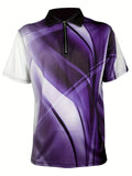 kkboxly  Abstract Gradient Pattern Print Men's Casual Short Sleeves Zipper Graphic Polo Shirts, Lapel Collar Tops Pullovers, Men's Clothing For Summer