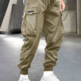 kkboxly Men's Stylish Letter Graphic Cargo Pants with Flap Pockets - Drawstring Waist for Comfort