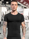 kkboxly  3pcs Men's Solid Compression T-shirt, Active Slightly Stretch Breathable Moisture Wicking Top For Outdoor