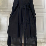 kkboxly  Layered Open Front Abaya, Long Sleeve Dress With Belted , Without Hijab, Women's Clothing