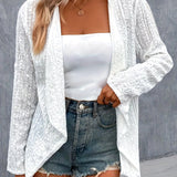 kkboxly  Plus Size Casual Coat, Women's Plus Solid Eyelet Embroidery Jacquard Roll Up Long Sleeve Open Front Cardigan Overcoat