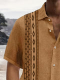 kkboxly  Plus Size Men's Vintage Geometric Ethnic Pattern Button Down Shirts, Lapel Hawaiian Summer Clothings For Party Holiday
