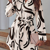 Abstract Print V Neck Dress, Casual Long Sleeve Dress, Women's Clothing