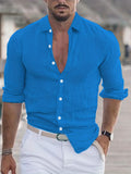 Men's Shirt Top Cotton & Linen Blend Turn-Down Collar Long Sleeves Closure Regular Fit Solid Color Male Casual Shirt For Daily
