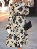 2025 kkboxly  Floral Print Tie Front Dress, Elegant Cinched Waist Long Sleeve Dress, Women's Clothing