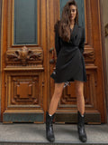 kkboxly  Tucked Solid Lapel Dress, Elegant V Neck Long Sleeve Bodycon Dress, Women's Clothing