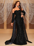 kkboxly  Off-shoulder Sequin Sweep Train Dress, Elegant Sweetheart Neck Long Sleeve Tiered Dress, Women's Clothing