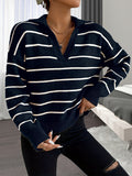 kkboxly  Striped Print Drop Shoulder Knit Sweater, Casual V Neck Long Sleeve Sweater, Women's Clothing