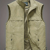 kkboxly  Men's Trendy Solid Vest, Casual Zip Up Loose Sleeveless Jacket For Outdoor Fishing Hiking Trekking