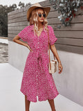 kkboxly  Sexy Floral Print Dress, Casual Short Sleeve V-neck Waist Belt Button Spring & Summer Dresses, Women's Clothing