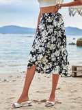 kkboxly  Floral Print Wrap Tie Skirt, Holiday High Waist Skirt, Women's Clothing