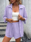 kkboxly Casual Matching Two-piece Set, Button Front Blouse & Drawstring Shorts Outfits, Women's Clothing