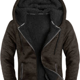 kkboxly  Men's Warm Fleece Hooded Jacket, Casual Zip Up Hoodie With Kangaroo Pocket For Fall Winter